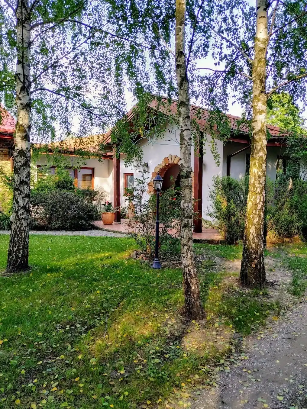 Budynek główny z brzózkami w ogrodzie