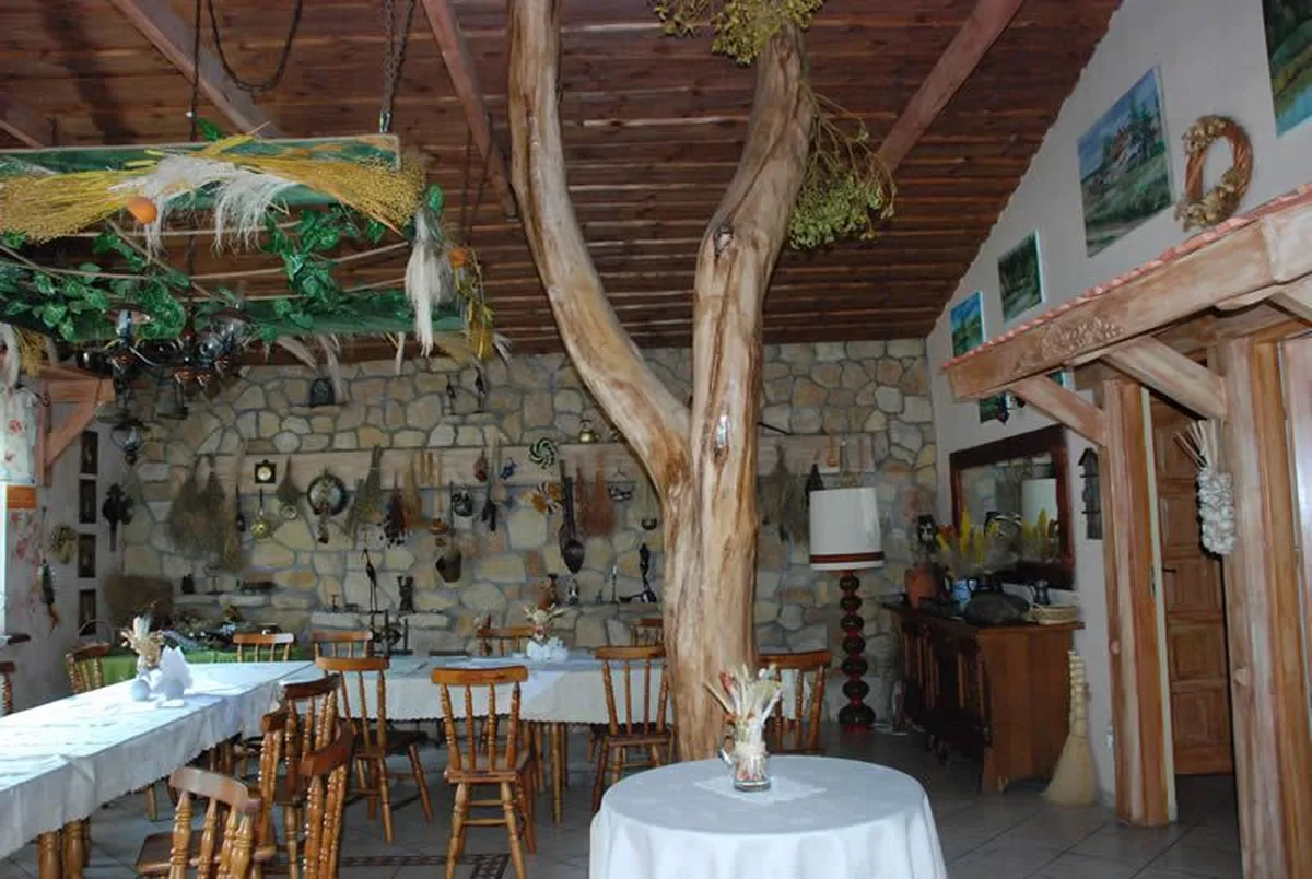 Sala restauracyjna — rustykalne wykończenie z kamienia i drewna