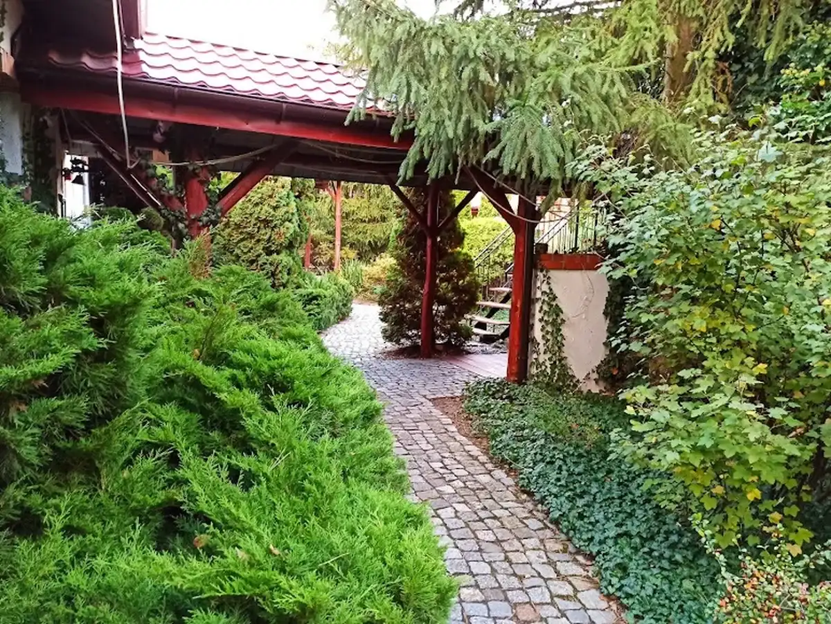 Ścieżka w zieleni pod pergolą