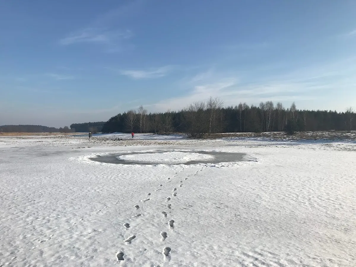 Zimowy krajobraz z lodem i śladami na śniegu