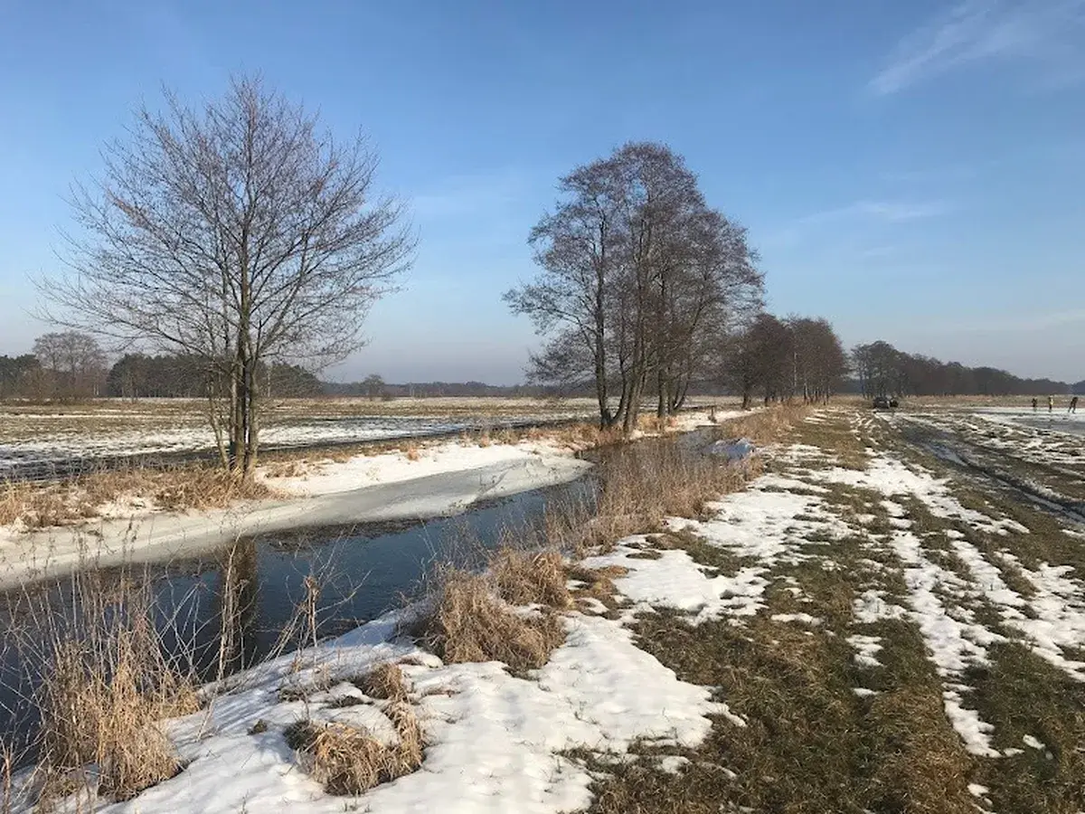 Zimowy widok na rzekę i pola — krajobraz AgroFarma