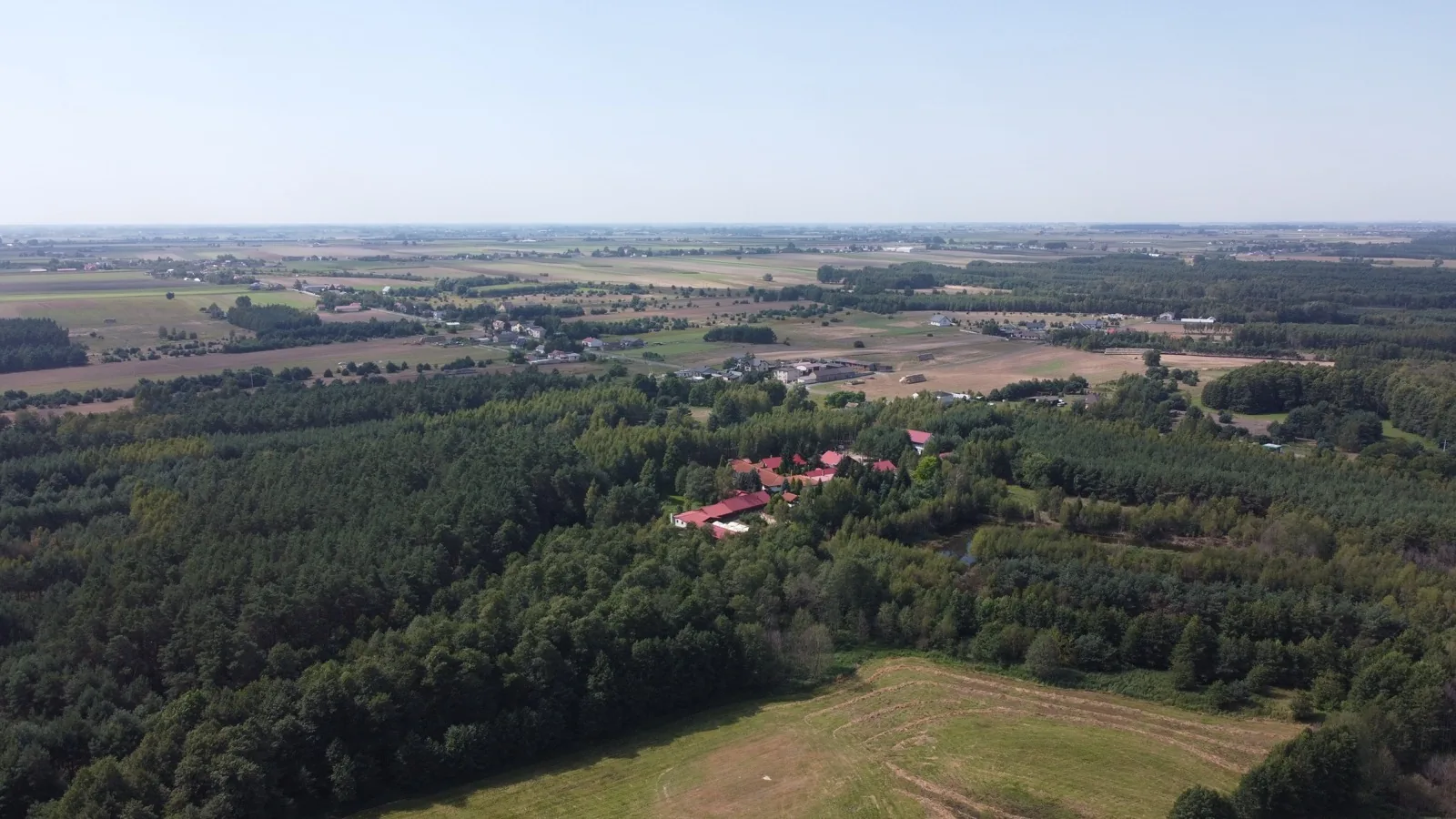 Panorama krajobrazu Gołaszewa z drona — AgroFarma wśród pól i lasów