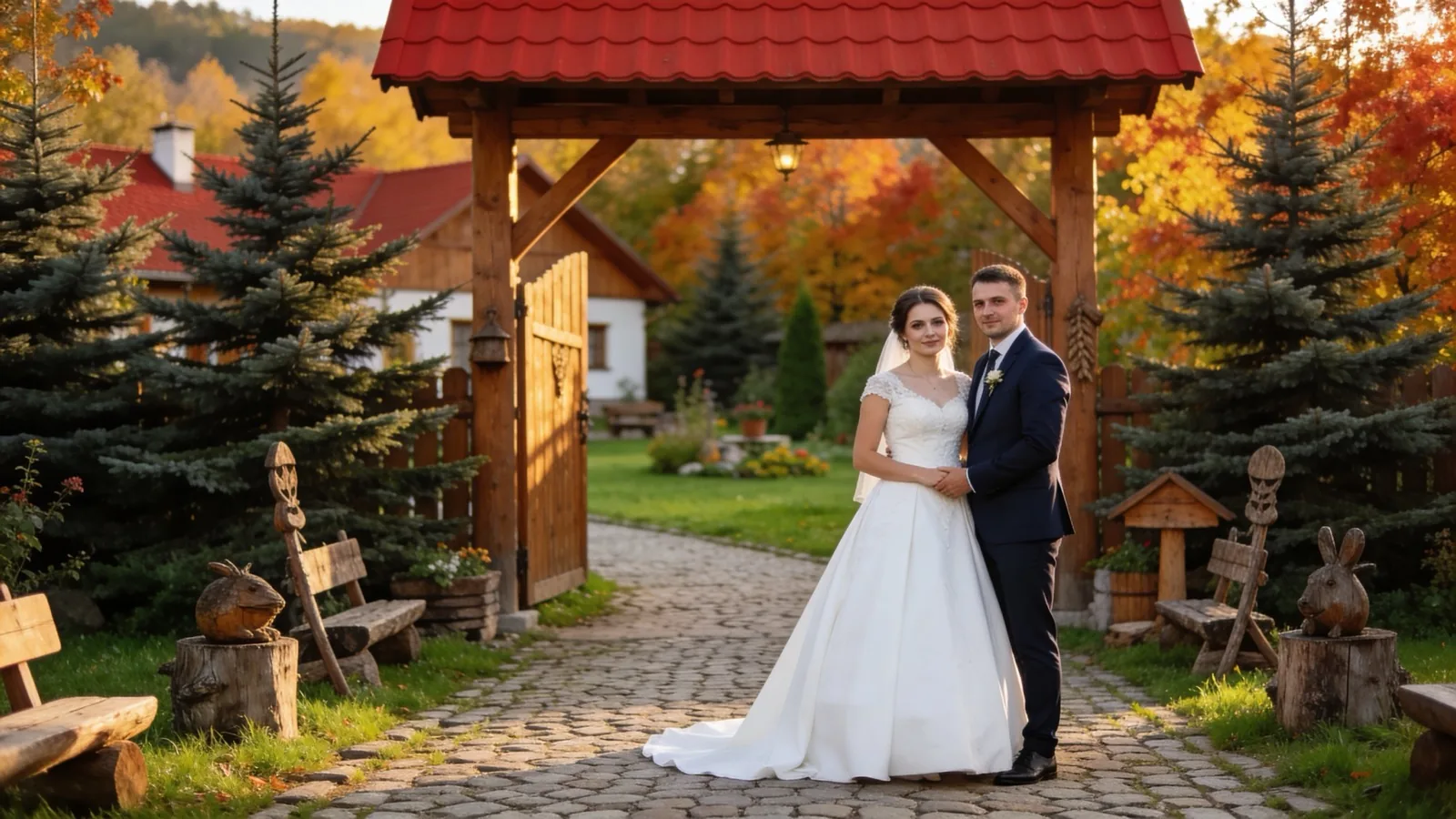 Para młoda przed rustykalną bramą jesienią — wesele w AgroFarma Gołaszewo