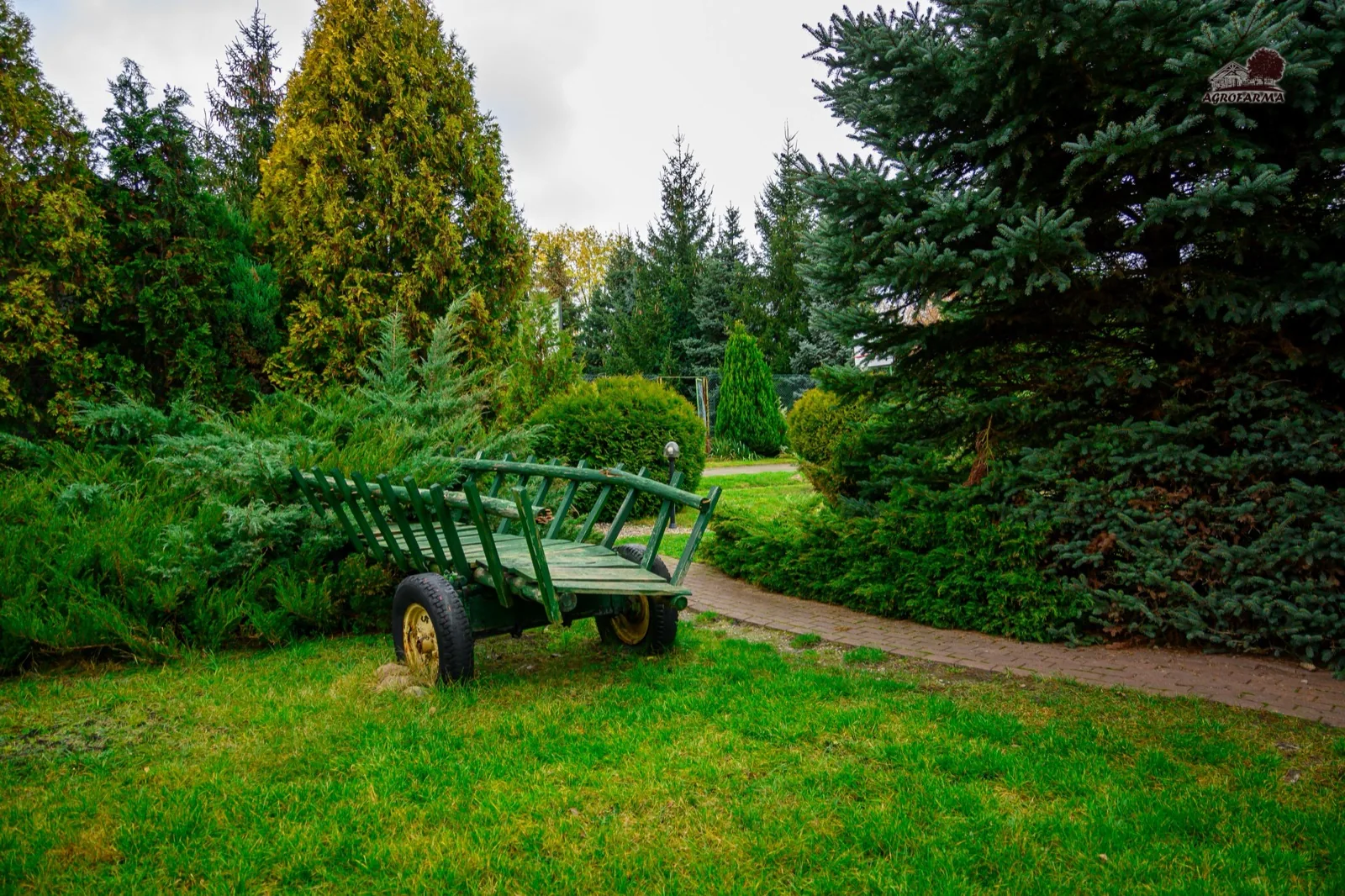 Zabytkowy wóz dekoracyjny przy ścieżce ogrodowej